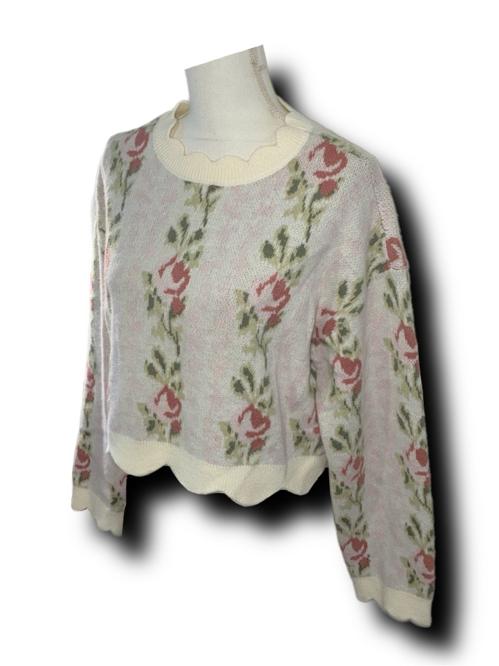 NWOT Mable Petal Promises Pink Floral Knit Scallop Edge Cottagecore Sweater - Picture 7 of 9